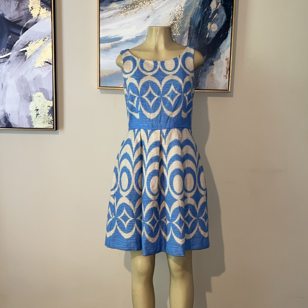 Taylor Dresses Women's Tan and Blue Fit-and-Flare - Picture 2 of 9